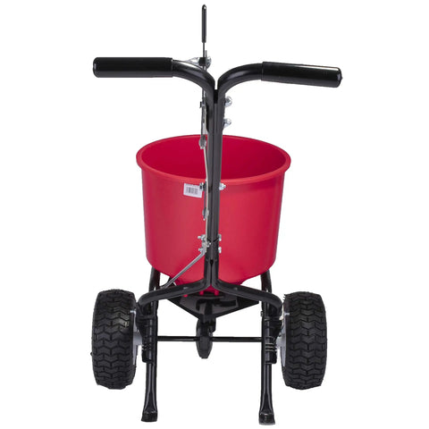 Front view of 2600A-PLUS Fertilizer Spreader with 40Lb hopper, epoxy coated frame, beefy all terrain pneumatic tires, red.
