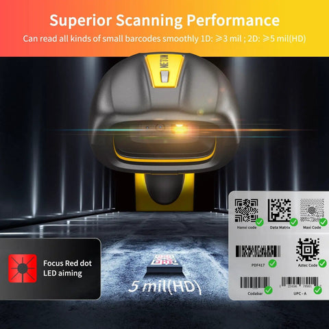 Close-up of Industrial Bluetooth Barcode Scanner With Charging Dock, scanning barcodes in low light with focus red dot LED aiming.