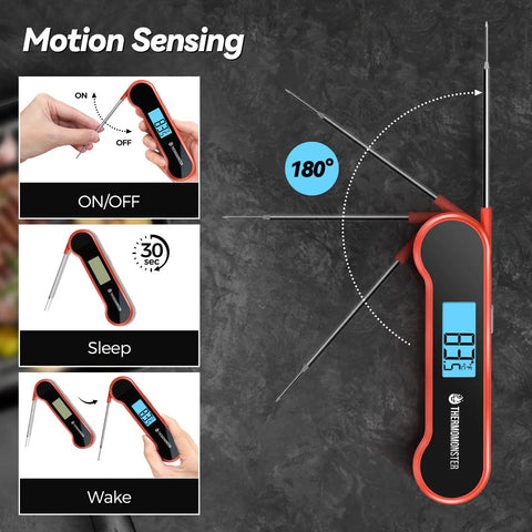 Ultra Fast 0.5 Second Digital Meat Thermometer with Plus Minus 0.5 F Precision, showing LCD display and 180-degree rotating probe.