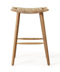 Front view of Magwen Outdoor Acacia Wood Barstool With Wicker Set Of Two Rustic Patio Seating for deck or garden in light brown.