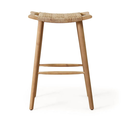 Front view of Magwen Outdoor Acacia Wood Barstool With Wicker Set Of Two Rustic Patio Seating for deck or garden in light brown.