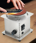 Heavy Hitter Mini Disc Sander delivering smooth four inch sanding with stepless throttle control, knife sharpening on wood.