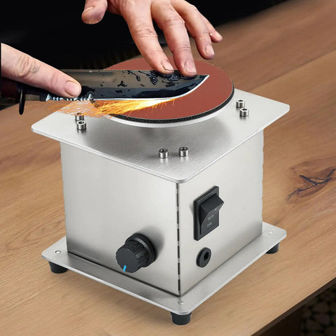 Heavy Hitter Mini Disc Sander delivering smooth four inch sanding with stepless throttle control, knife sharpening on wood.