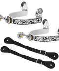Rugged Western Cowboy Spurs With Belts For Men Stainless Steel Spurs With Engraved Pattern And Two Adjustable Leather Straps