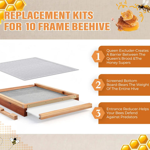 All In One Beehive Parts Kit For 10 Frame Hives With Screened Bottom Board, Entrance Reducer, And Metal Queen Excluder For Easy Beekeeping