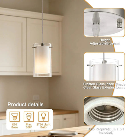 Dual Glass Pendant Lights 2 Pack With Brushed Nickel Finish Adjustable Hanging Fixtures in kitchen setting