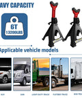 Pair of black 6-ton jack stands with red height-adjustable tops and double-pin locking; rubber pads.