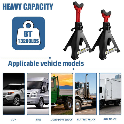 Pair of black 6-ton jack stands with red height-adjustable tops and double-pin locking; rubber pads.