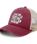 Not The Stepdad The Dad Who Stepped Up Dope Deep Rose Adjustable Golf Trucker Hat with mesh back and curved brim.