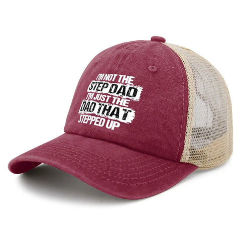 Not The Stepdad The Dad Who Stepped Up Dope Deep Rose Adjustable Golf Trucker Hat with mesh back and curved brim.