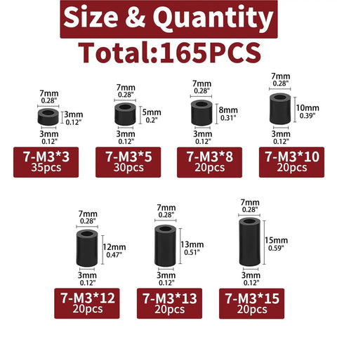 DIY Friendly Black Nylon Screw Spacer Kit 495 Pieces Round Spacers No Thread for Electrical Boxes Switches Outlets Versatile Inner Diameters and Lengths for Stable Quick Installations and Easy Replacements in Home Improvement Projects. Size chart of black nylon spacers, 165 pcs, 7mm x 3-15mm