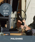 Person holding 20V Cordless Rotary Tool With Brushless Motor for polishing, showing speed of 35,000 RPM, ideal for DIY projects.
