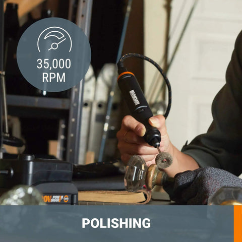 Person holding 20V Cordless Rotary Tool With Brushless Motor for polishing, showing speed of 35,000 RPM, ideal for DIY projects.
