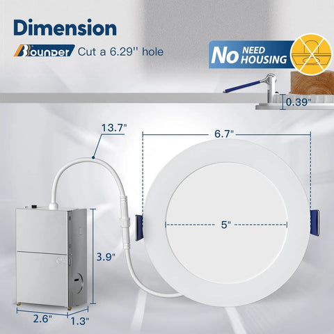 Dimensions of 20 Pack 6 Inch Ultra Thin LED Recessed Ceiling Lights with Junction Box, showing cut and installation details.