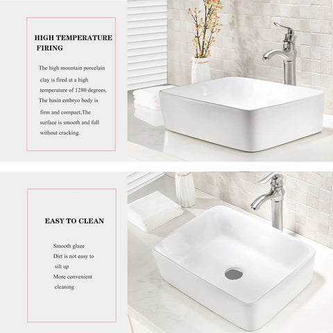 Rectangle Vessel Sink And Faucet Combo For Modern Bathrooms White Above Counter Basin 19 x 15 Inch with Nickel Faucet