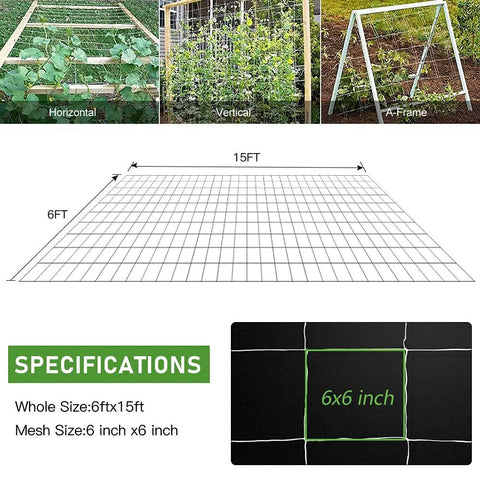 Diagram showing Heavy-Duty Garden Trellis Netting For Climbing Plants, size 6x15ft, with 6x6-inch mesh; specifications included.