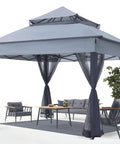 Easy Pop Up Gazebo 11 By 11 With Mosquito Netting For Patio Garden Backyard Gray with central lock, showing seating area