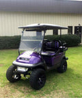 Purple golf cart with windshield mounted using Golf Cart Windshield Mounting Kit For Club Car DS And Precedent Medalist 1994 Up