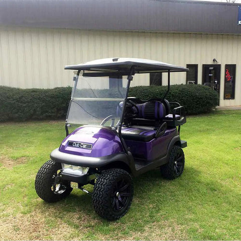 Purple golf cart with windshield mounted using Golf Cart Windshield Mounting Kit For Club Car DS And Precedent Medalist 1994 Up