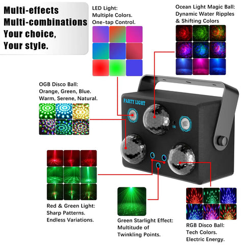 RGB Sound Activated Disco Light With Remote Control, LED Strobe Stage Lights showing multi-pattern projector effects
