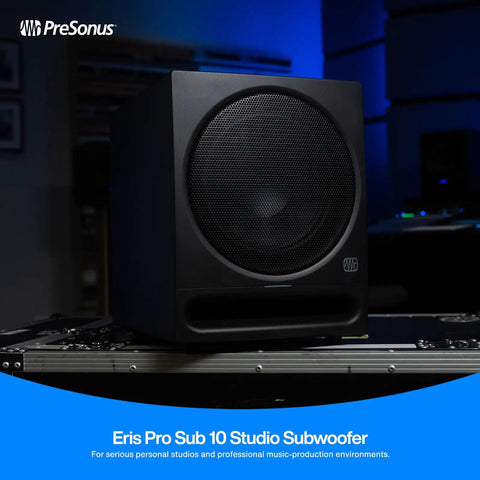 10 Inch Front Firing Studio Subwoofer, Active Sub With Glass Composite Driver showcased in a dark studio setting