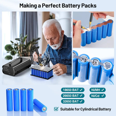Portable Spot Welder With Farad Capacitor Energy Storage welding blue nickel strips on battery pack by bearded man indoors