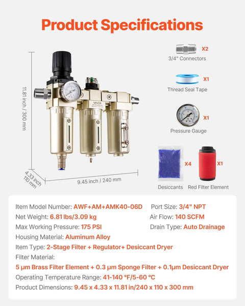 Pro Grade 3/4 Inch NPT Air Compressor Filter Regulator With 3-Stage Filtration and Desiccant Dryer Configuration