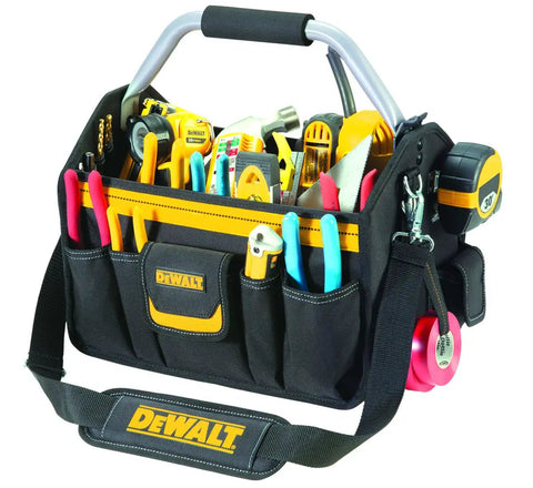 Open Top Tool Carrier With 23 Pockets And Sleeves 14 Inch Storage Heavy Duty Poly Fabric with tools visible in pockets