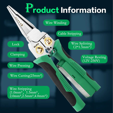 8-In-1 Wire Crimper Stripper With Voltage Tester And Dual Alarms, Heavy-Duty 12-250V AC DC Tester For Hot And Neutral Wires, The Go-To Electrician HVAC And Car Repair Tool For Stripping Crimping Cutting And Testing green-handled plier tool