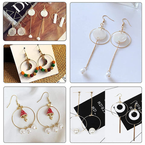 48 Piece Earring Making Kit With Stainless Steel Wire And All The Hoop Findings Hooks Jump Rings Ear Nuts For DIY Jewelry Making Six Styles Like Teardrop Fan Triangle Ring Trapezoid And More Perfect Starter Set with various earring designs.