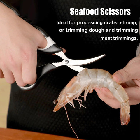 Three Pack Kitchen Scissors Set With Two Large Multi Purpose Scissors And One Curved Seafood Scissors For Chopping Meat Poultry Veggies And Seafood Heavy Duty Sharp Durable Kitchen Shears You Can Count On curved seafood scissors cutting shrimp