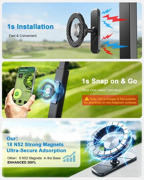 Knockout Magnetic Golf Cart Phone Mount With Heavy Duty Aluminum Bracket shown with strong magnets and phone attachment.