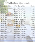 Tablecloth Size Guide showing dimensions, fits, and seating for different tablecloth sizes, including 54 x 78 inches.