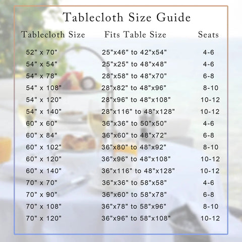 Tablecloth Size Guide showing dimensions, fits, and seating for different tablecloth sizes, including 54 x 78 inches.