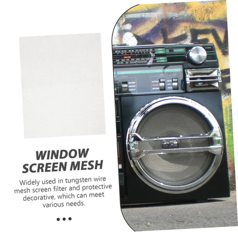 Square piece of window screen mesh next to a retro audio system against graffiti background