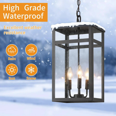 Three Light Outdoor Indoor Pendant Light Black Exterior With Seeded Glass Shade Dope Modern Chandelier in snowy weather