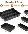 9 Piece Stackable Drawer Organizer Trays Set With Modular Design For Desk Vanity Makeup Storage Perfect For Bathroom Bedroom Kitchen And Office Keeps Drawers Neat And Accessible And Totally Handy, black PET plastic trays with measurements.