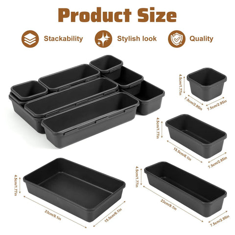 9 Piece Stackable Drawer Organizer Trays Set With Modular Design For Desk Vanity Makeup Storage Perfect For Bathroom Bedroom Kitchen And Office Keeps Drawers Neat And Accessible And Totally Handy, black PET plastic trays with measurements.