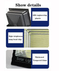 Detailed view of JUDYSSY Solar Safety Light, showing ABS plastic, high-brightness chip, and thickened tempered glass.