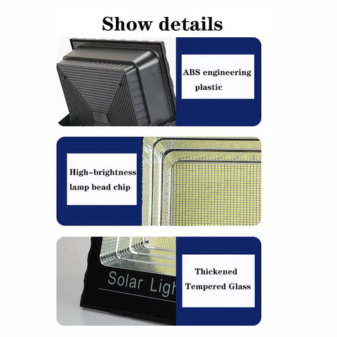 Detailed view of JUDYSSY Solar Safety Light, showing ABS plastic, high-brightness chip, and thickened tempered glass.