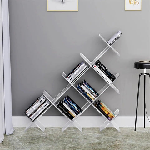 Acrylic Floating Bookshelf With Multi Layer Design Shaped Floor Shelf For Living Room displaying books against a wall
