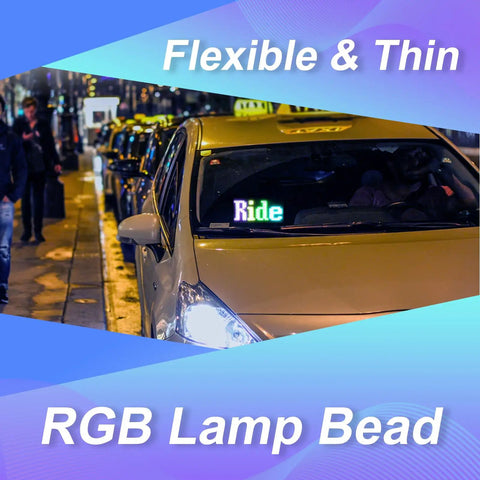 Car with Customizable Car LED Sign With Bluetooth App Control For DIY Text Patterns And Animations visible through rear window.