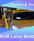 Car with 'Ride' sign in window, showcasing flexible RGB LED light in urban setting, highlighting USB powered LED strip features.