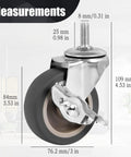 3-inch caster wheel with brake, close-up view, threaded M8-1.25 stem, gray polyurethane wheel on metal housing