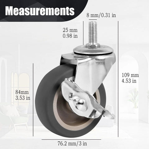 3-inch caster wheel with brake, close-up view, threaded M8-1.25 stem, gray polyurethane wheel on metal housing