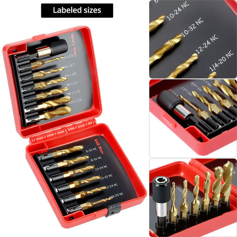 3 In 1 HSS Tap Bit Set 13 Piece SAE And Metric Combo Drill Tap Bits for drilling, tapping, and countersinking in red case