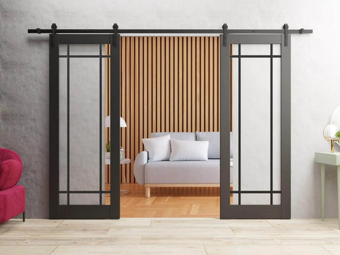 Front view of Sturdy Double Barn Door With Clear Glass In Matte Black Finish, installed in a living room opening with sliding hardware.