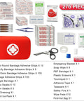 Red compact 276-piece first aid kit pouch with white star of life logo, includes bandages, scissors and tweezers.