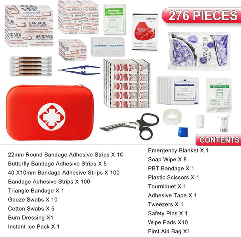 Red compact 276-piece first aid kit pouch with white star of life logo, includes bandages, scissors and tweezers.