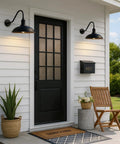 Small Gooseneck Barn Light Outdoor Wall Sconce With Industrial Vintage Charm for Front Door Porch, shown in metal with LED bulbs.